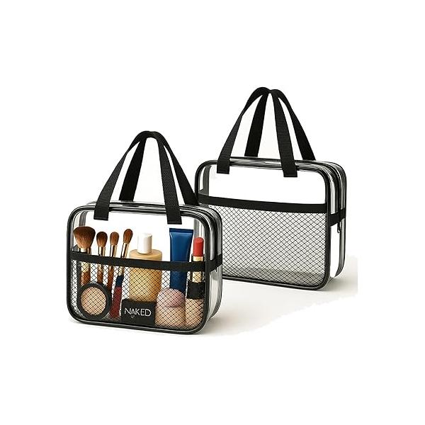 XEWEA Clear Travel Toiletry Bags, 3 Pack TSA Approved Transparent Makeup Bag for Men Women, Large Waterproof PVC Quart Organizer with Zipper Toiletries Airline Essential,Toy Storage Pouch Purple