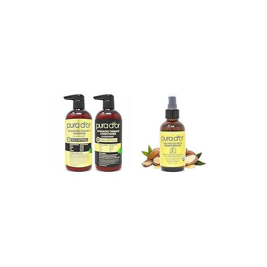 PURA D'OR Anti-Thinning Advanced Therapy Biotin Shampoo & Conditioner Hair Care Set Organic Moroccan Argan Oil (4oz / 118mL) USDA Certified 100%