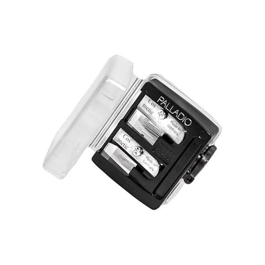 Palladio Double Barrel 3 in 1 Cosmetic Pencil Sharpener with Cover, Stainless Steel Blade, Size Adjuster, Essential for Small and Extra Large Lip Liner, Eyeliner, Brow Pencils