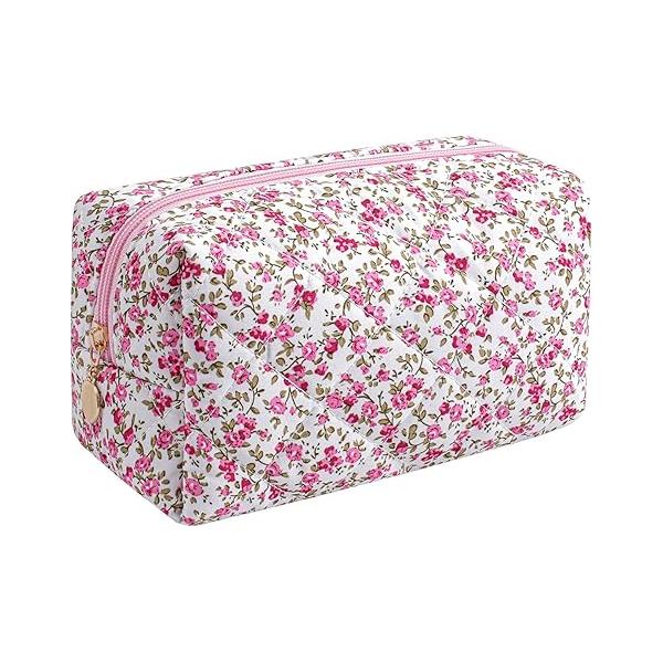 Gleyemor Small Quilted Makeup Bag for Women, Cute Floral Cotton Cosmetic Bag, Travel Toiletry Period Gifts Her Mom Friend Sister Bridesmaid (Purple Flower)
