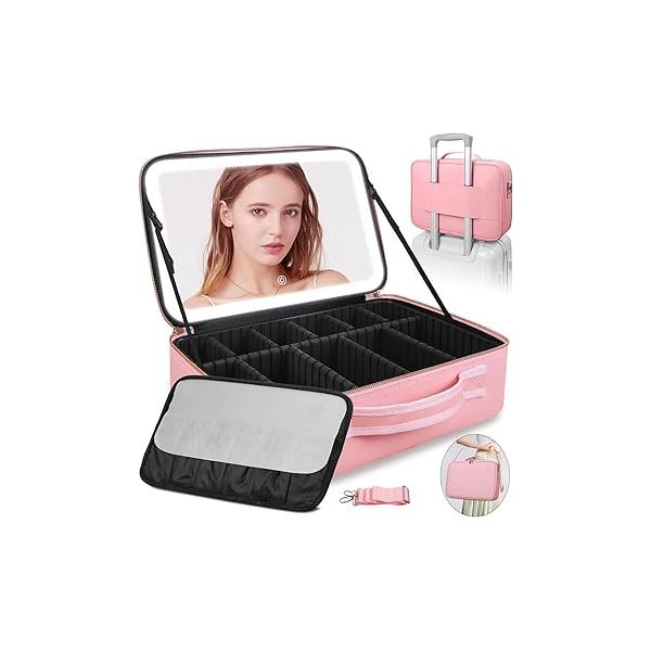 Upgraded Large Travel Makeup Bag with LED Mirror, 15” Professional Case 3 Color Modes Dimming Lighted Light up Cosmetic Make Organizer PU Leather Cover, Adjustable Dividers