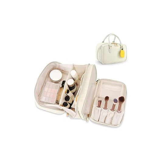 Travel Makeup Bag for Women Fashion Large Capacity Pouch Open Flat Cosmetic Portable Organizer Waterproof Opening Storage Toiletry Bags Vertical Free-Standing Brush Holder Easy Access Black