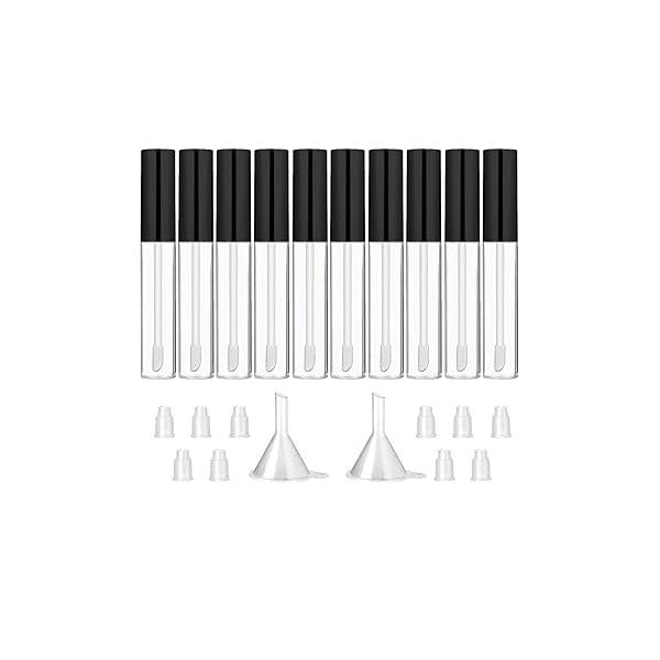 GTHER 10PCS 10ML Empty Lip Gloss Containers Tube with Wand, Refillable Balm Bottles, Lipstick Sample Container and Funnel Rubber Stoppers for Girls DIY Samples, Black Top