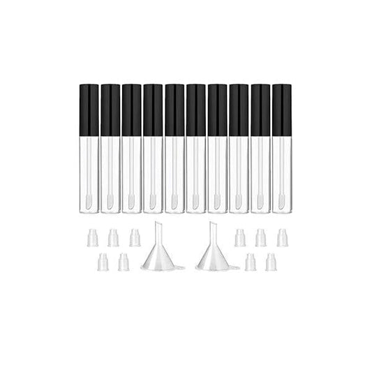 GTHER 10PCS 10ML Empty Lip Gloss Containers Tube with Wand, Refillable Balm Bottles, Lipstick Sample Container and Funnel Rubber Stoppers for Girls DIY Samples, Black Top