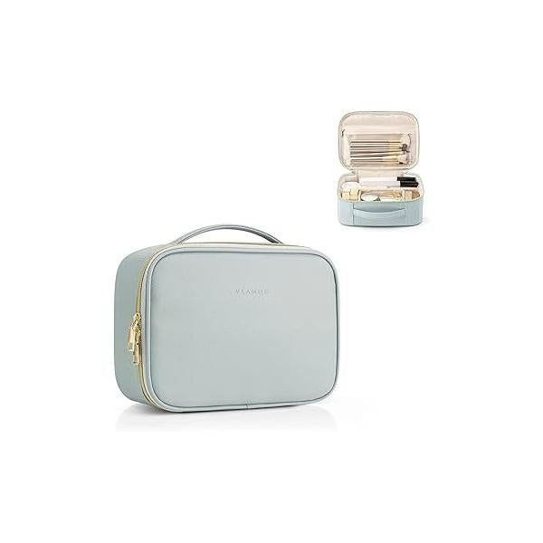 Vlando Travel Makeup Bag,Cute Makep Bag for Teen Clear Toiletry Women Graduation Girls Birthday Gifts Make up with Zipper and Handle Portable Case-Blue