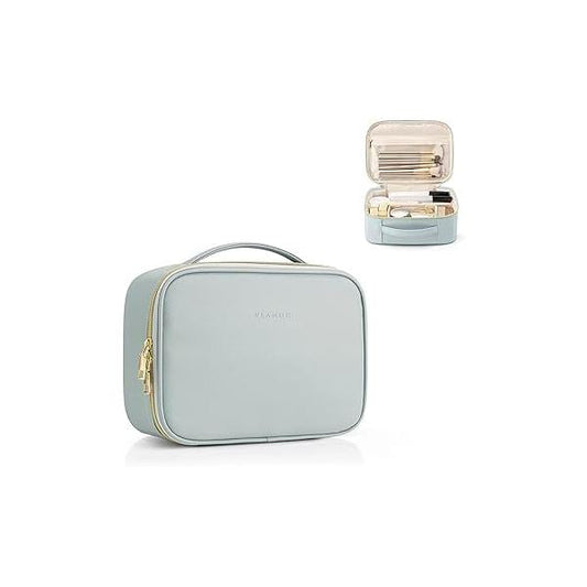 Vlando Travel Makeup Bag,Cute Makep Bag for Teen Clear Toiletry Women Graduation Girls Birthday Gifts Make up with Zipper and Handle Portable Case-Blue