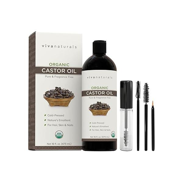 Viva Naturals Organic Castor Oil for Eyelashes and Eyebrows (16 fl oz) - USDA Certified Organic, Cold Pressed Oil, Natural Hair & Eyelash Serum, Beauty Kit Included