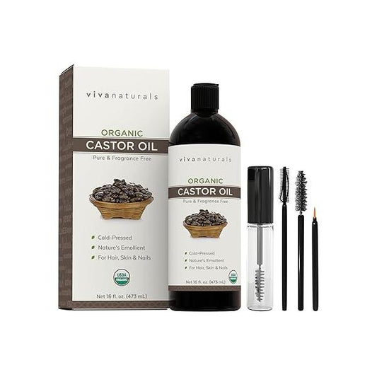 Viva Naturals Organic Castor Oil for Eyelashes and Eyebrows (16 fl oz) - USDA Certified Organic, Cold Pressed Oil, Natural Hair & Eyelash Serum, Beauty Kit Included