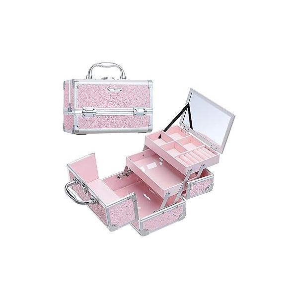 FRENESSA Makeup Box Organizer Portable Cosmetic Train Case Travel with Mirror Locking Make Up Cases Organizers and Storage for Girls Nail Supplies Hard Pink
