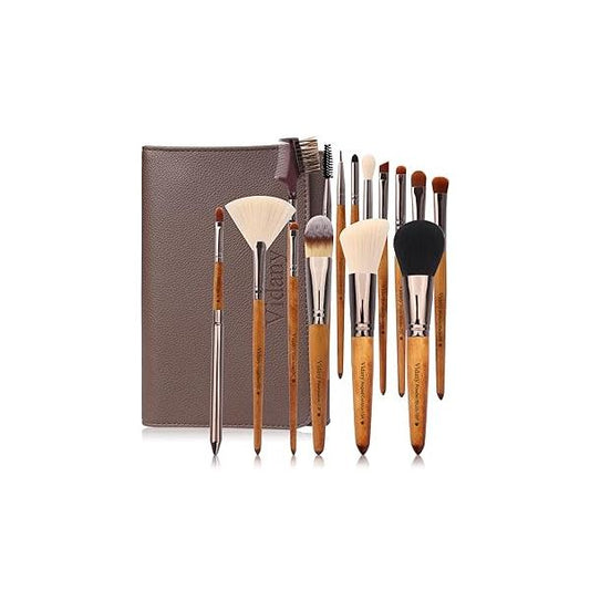 Makeup Brush Set: 15pcs Walnut Wooden Brushes With Leather Button Bag, Professional For Foundation Concealer Kabuki Blush Eyeliner Shadow Brow, Sets & Kits