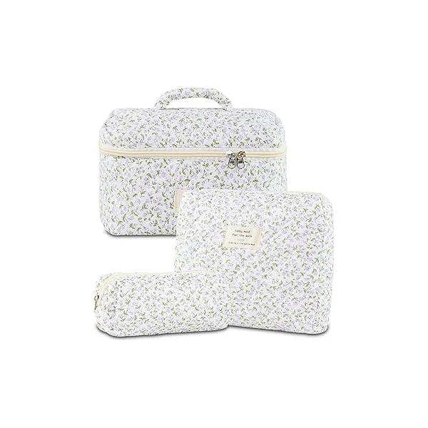 Makeup Bag, 3 PCS Quilted Cute Floral Cotton Cosmetic Bag set, Coquette Pouch Large Travel Toiletry