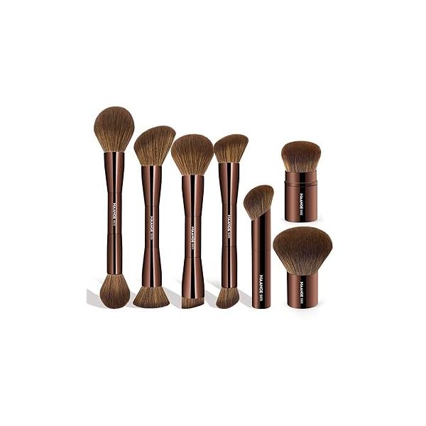 MAANGE 7pcs Makeup Brush Set Double Sided Kabuki Brushes Contour for Foundation Liquid Powder Concealer Cream Cosmetics Bronzer Blending Blush Buffing Tools (Coffee)