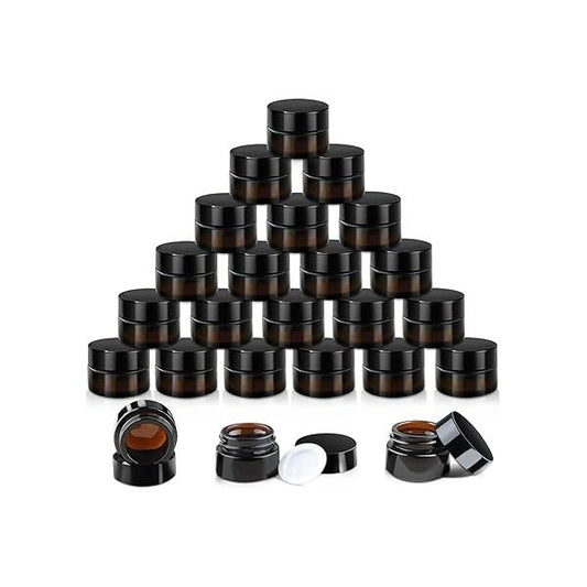 24 Pack 5g Amber Glass Cream Jars Round Cosmetic Vials Pot Refillable Makeup Bottle Containers with Lids&Inner Liners for Lotion Ointments Lip Balm Eyeshadow Slime