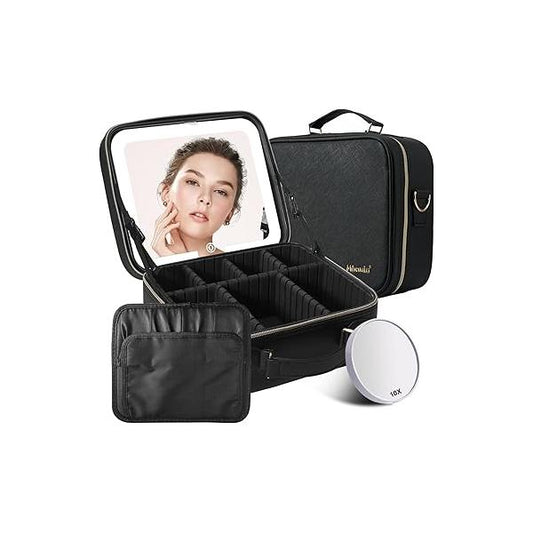 Mocado Travel Makeup Bag with LED Lighted Mirror,Travel Organizer,Makeup Case 3 Color Setting and 10x Magnifying Mirror,Portable Storage Adjustable Dividers Box(Black)