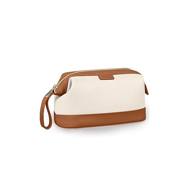 Wedama Makeup Bag, Large Capacity Travel Cosmetic PU Leather Pouch Wide Open Make up Organizer Bag Portable Case Waterproof Toiletry with Handle for Women Girls, Beige