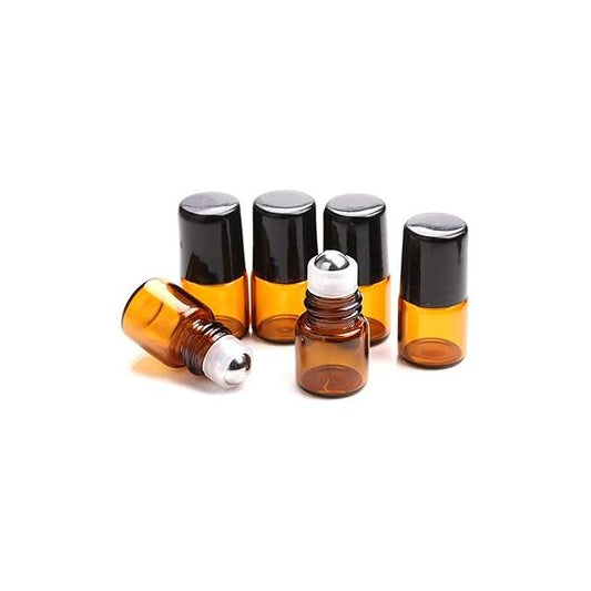 Furnido 25 Pack 1ml Amber Glass Roll on Bottle For Essential Oils,Perfume Vial with Stainless Steel Roller Ball,Black Caps Mini Sample Vials Cosmetics Small Container