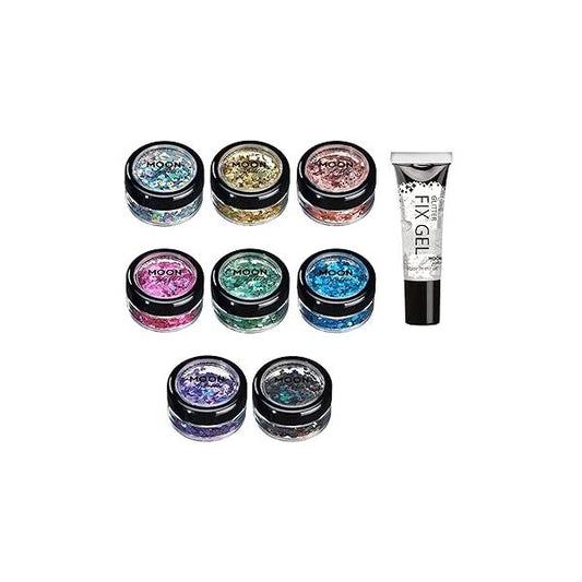 Holographic Glitter Shapes by Moon - 100% Cosmetic for Face, Body, Nails, Hair and Lips - 0.10oz Set of 8 colours