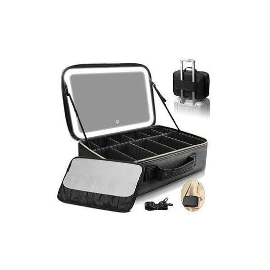 Upgraded Large Travel Makeup Bag with LED Mirror, 15” Professional Case 3 Color Modes Dimming Lighted Light up Cosmetic Make Organizer PU Leather Cover, Adjustable Dividers
