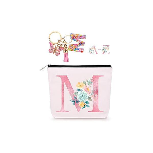 Personalized Makeup Bag with Initial Keychain, Custom Monogram Small Travel Cosmetic Toiletry Bag, Birthday Gifts for Women Bridesmaid Teacher (M)