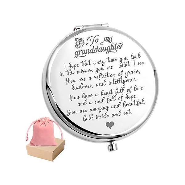 to My Granddaughter - You're Amazing and Beautiful Pocket Mirror, Engraved Compact Family First Mirror Encouragement Gifts from Grandparents (Silver, Granddaughter)