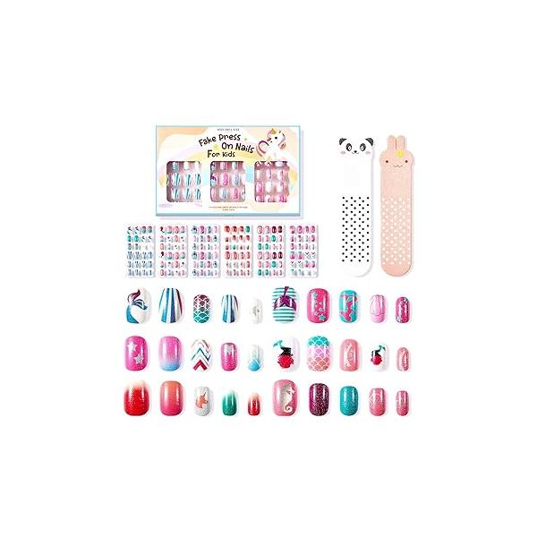 Modelones Press on Nails for Kids 144Pcs 6 Pack Children Acrylic Fake Pre-glue Full Cover Glitter Gradient Color Mermaid Beach Short False Nail Art Kits Sets Easter Gifts Girls
