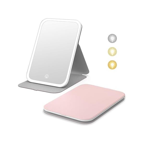 Kintion Travel Makeup Mirror, Portable LED Lighted 360° Rotation Touch Screen Vanity 60 LEDs, 3-Color Dimmable Lighting, Rechargeable Tabletop Folding Cosmetic Pink