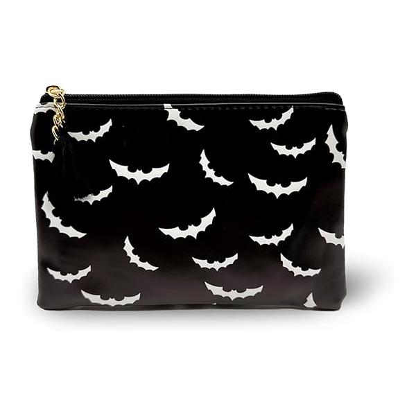 Cute Small Cosmetic Bag Mini Makeup for Women and Girls,PU Leather Travel Toiletry Accessories Organizer with Zipper Tassel (Gothic Bats)