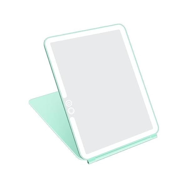 deweisn Folding Travel Mirror Lighted Makeup with 72 LEDs 3 Colors Light Modes, USB Rechargable, Portable, Ultra Thin, CompactVanity Touch Screen Dimming for Cosmetic (Green)