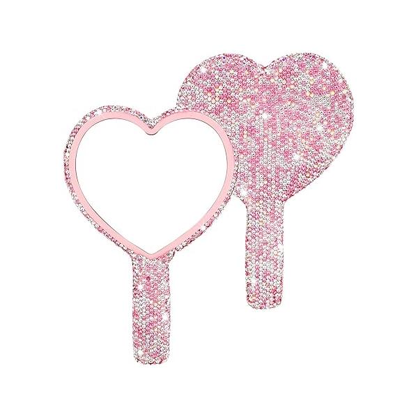 Framendino, 1 Pack Bling Heart Cosmetic Handheld Mirror Red Metal with Handle for Women Makeup Travel