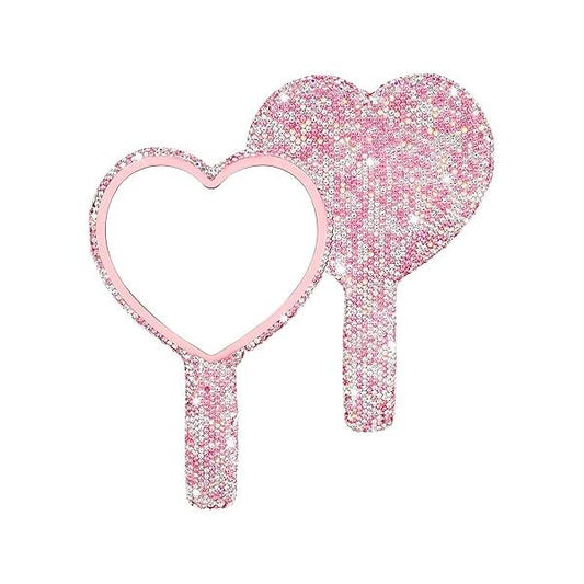 Framendino, 1 Pack Bling Heart Cosmetic Handheld Mirror Red Metal with Handle for Women Makeup Travel
