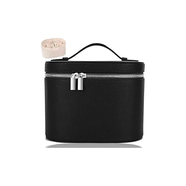 Leather Make Up Bags With Compartments, Brown travel Cosmetic for Women, Parallel Makeup Travel Organizer Equipped a Detachable Divider