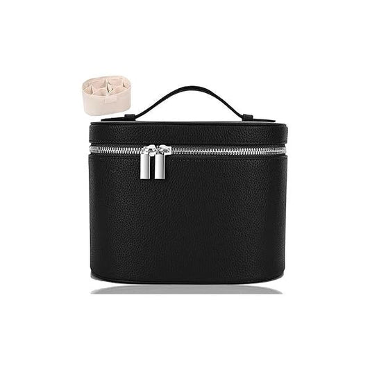 Leather Make Up Bags With Compartments, Brown travel Cosmetic for Women, Parallel Makeup Travel Organizer Equipped a Detachable Divider