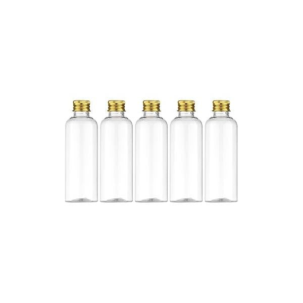 Tekson Plastic Travel Size Bottles 3.4 oz, Mouthwash Bottle, Refillable Containers for Cosmetic with Gold Screw Cap Essentials (100ml, Clear)