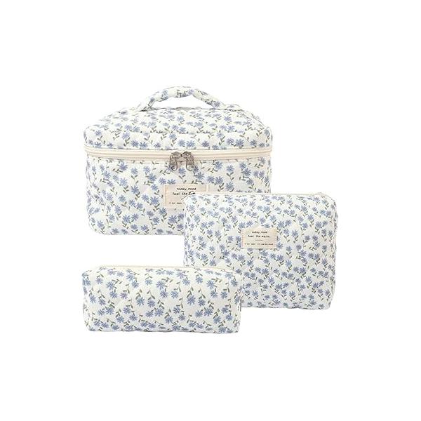 3Pcs Makeup Bag Cotton Quilted Travel Cosmetic Cute Floral Pouch Large Toiletry for Women Girls (Bow-Pink4)