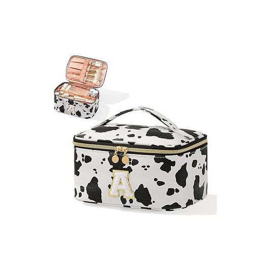 Personalized Monogram Makeup Bag with Dividers - Cow Print Travel Toiletry Organizer for Women | Waterproof Cosmetic Pouch Brush Holder & Handle (9.8x6.7x5.1in)