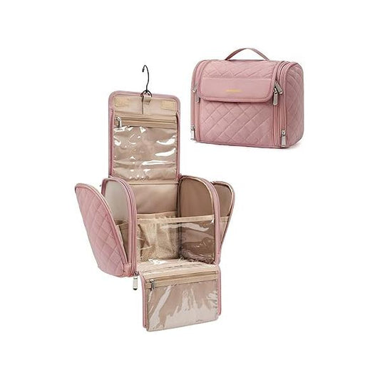 BAGSMART Makeup Bag for Women with Hanging Hook, Large Portable Capacity Water-resistant Organizer Travel Case Toiletries and Cosmetics, Pink