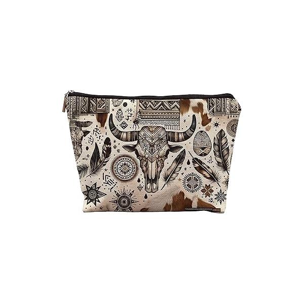 Aztec Makeup Bag, Ethnic Western Southwestern Navajo Cosmetic Bag for Women, Cow Gifts Geometric Wood Art Pouch