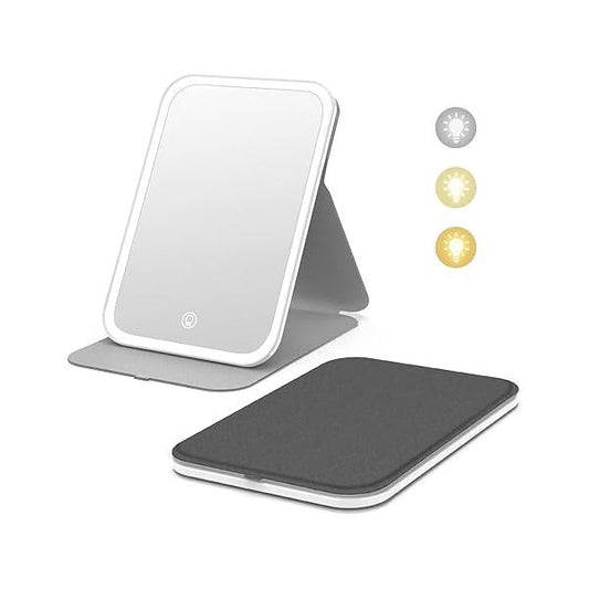 Kintion Travel Makeup Mirror, Portable LED Lighted 360° Rotation Touch Screen Vanity 60 LEDs, 3-Color Dimmable Lighting, Rechargeable Tabletop Folding Cosmetic Pink