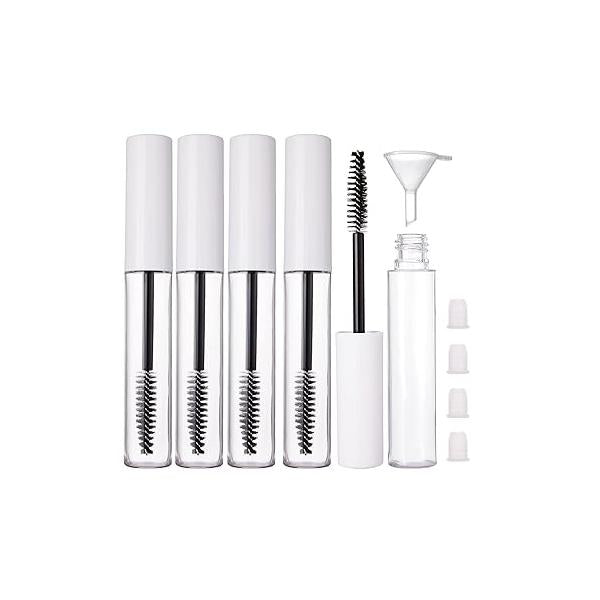 YITOU 4 Pack 10ml Empty Mascara Tube with Brush Wand, Refillable Eyelash Cream Container DIY Cosmetics Bottle for Castor Oil, Eyebrow Growth Serum, Coconut Rubber Inserts, 1 Funnel, Black