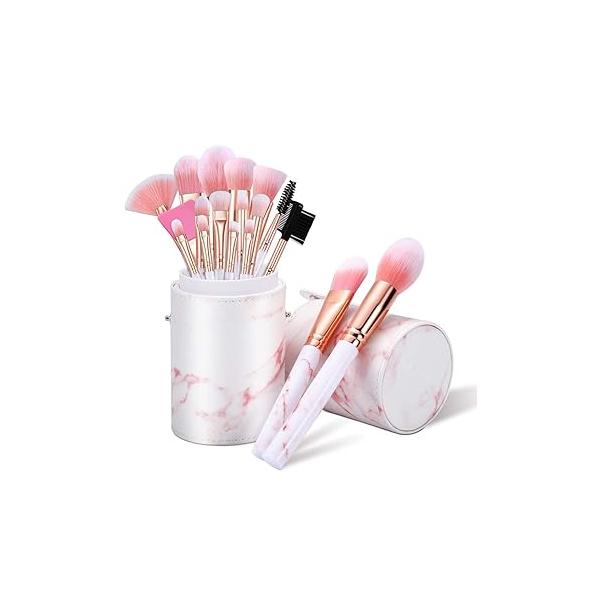 Makeup Brushes Set DUAIU 16PCS Marble Make up Foundation Eyeshadow Concealer Eyebrow Blush Face Mask Brush With Gift Box Up Tool（Pink)