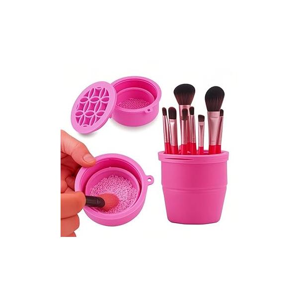 Makeup Brushes Cleaner Mat with Brush Storage Holder, Folding Portable Washing Tool for Cleaning, 2 In 1 Silicone Pad & Cosmetic Organizer Rack (Purple)