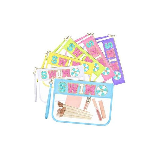 Kacctyen 6 Pcs Swim Bags Chenille Letter Clear Makeup Bag with Zipper Waterproof Cosmetic Toiletry Pouch Handle Gym Travel Summer Gifts for Women Girls(Multicolor, Swim)