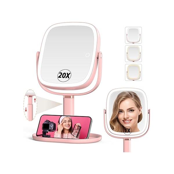 Mocado Makeup Mirror with Lights, 1X/20X Magnifying Light, Vanity 3 Colors Height Adjustable Lighted Mirror, Double Sided 360°Rotation, Memory Function (Pink)