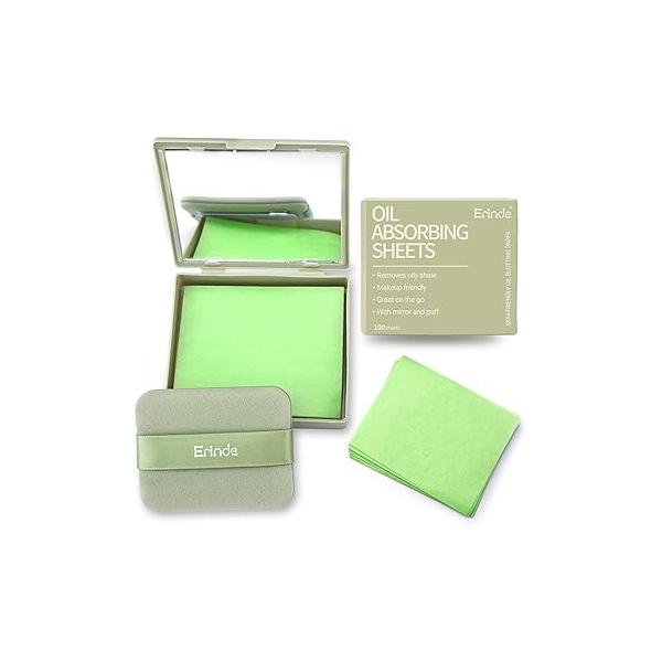 Erinde Oil Blotting Sheets for Face with Mirror and Puff, 300 Paper Oily Skin, Absorbing Sheet, Natural Control Film, Absorb Excess Oil, Makeup Friendly