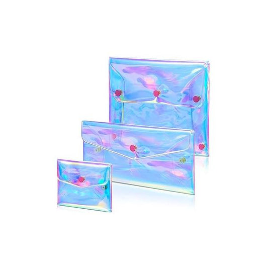 Patelai 3 Pcs Holographic Makeup Bag Iridescent Pencil Pouch Clear Transparent Small Waterproof Cosmetic Make up Envelop Organizer Case Travel Coin Purse for Women(Medium)
