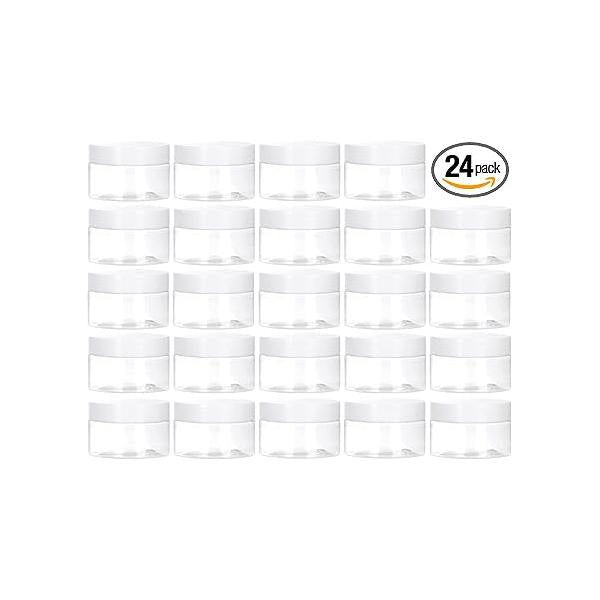 TUZAZO 24 Pack 1 OZ Plastic Jars Round Clear Cosmetic Container with Lids, Low Profile for Lotion, Cream, Ointments, Makeup, Eye Shadow, Rhinestone, Samples, Pot, Travel Storage