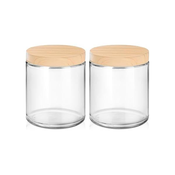 Glass Cosmetic Jars with Plastic Woodgrain Lids, 4 oz, 2 oz 1 Small Storage Lids & Stickers, Reusable Clear Travel Containers for Creams, Lotion, Balms, Ointment 3 pack