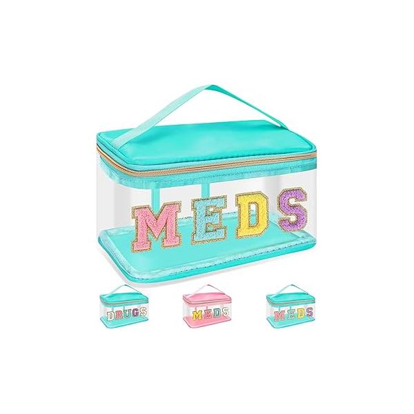 Chenille Letter Bag Clear MEDS Makeup Pouch, Preppy Small Medicine Travel Drugs Pills Zipper Pouch with Handle, Nylon Waterproof Portable Meds Toiletry Organizer for Patient Nurse(MEDS-Green)