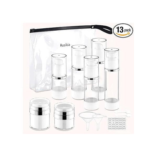 13 Pack Travel Size Containers, 1.7/1/0.5oz Clear Airless Pump Bottles, Makeup TSA Approved Skincare Empty Bottles Leak Proof Refillable Jars for Toiletries, Lotion, Liquid, Cream