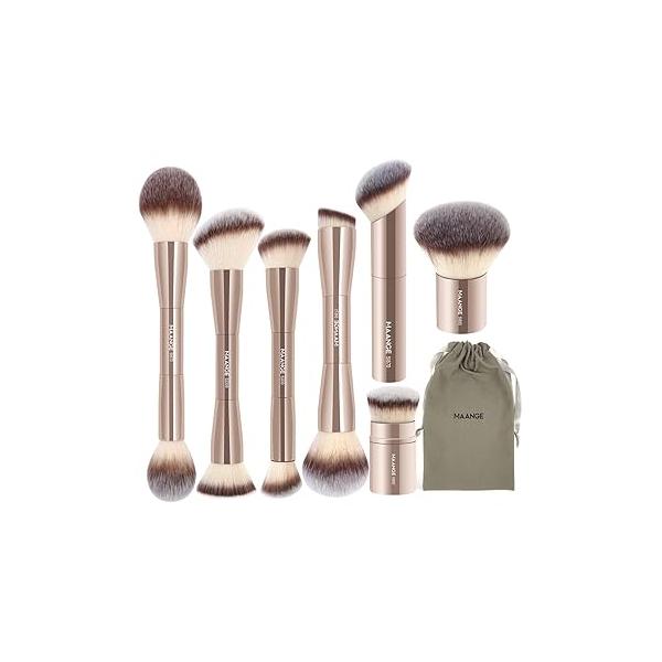 MAANGE 7pcs Makeup Brush Set Double Sided Kabuki Brushes Contour for Foundation Liquid Powder Concealer Cream Cosmetics Bronzer Blending Blush Buffing Tools (Coffee)